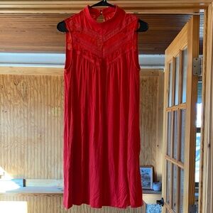Women's AGB Dress Cherry Red Lace Mock Neck Sleeveless Pleated Mini Dress L